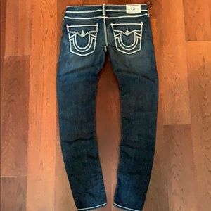 True Religion dark denim, distressed, skinny jeans